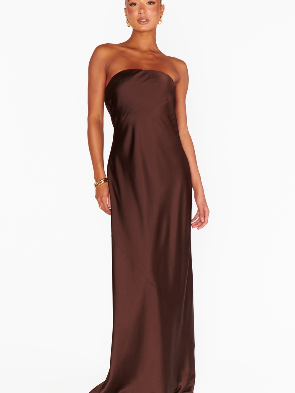 Show Me Your MuMu Strapless Chocolate Brown Satin Maxi Dress